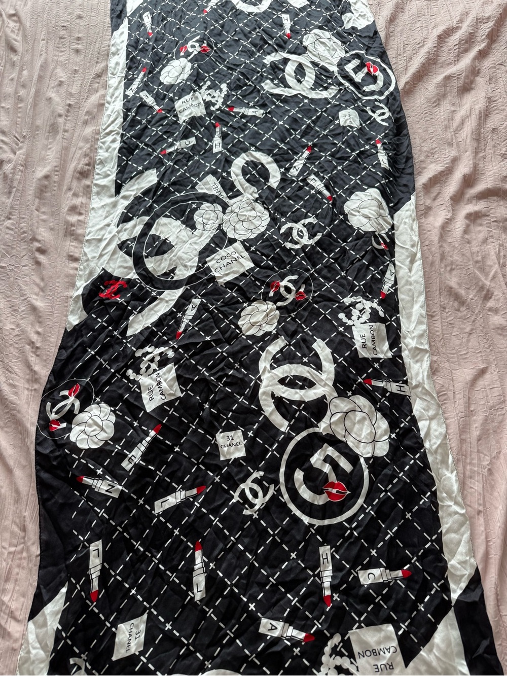 Authentic CHANEL 65x25in  Black, White & Red Logo-Print Silk Scarf